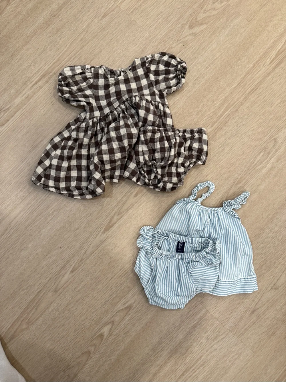 Kids Brown Check Puff-Sleeve Dress and Blue Stripe Set